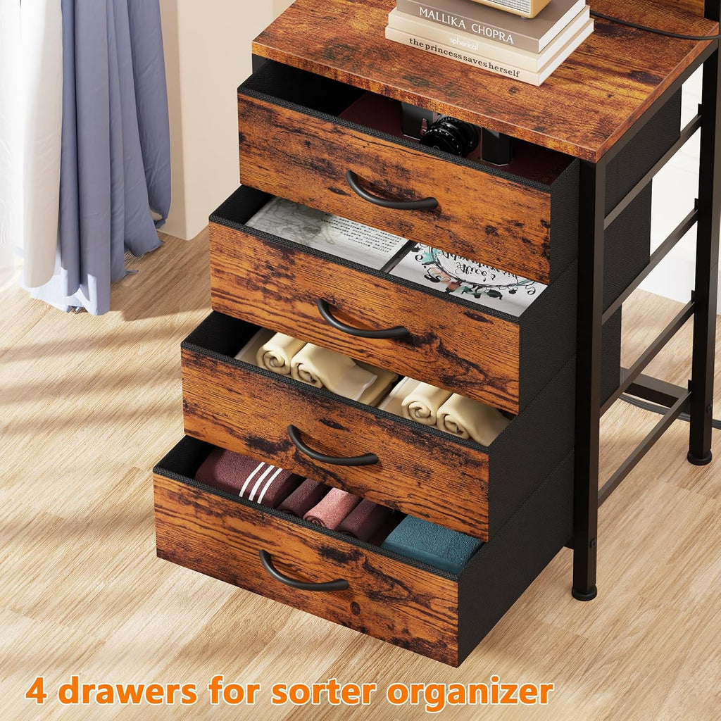 Furnulem Night Stand Set 2, Tall Nightstand with Charging Station and LED Lights, Nightstand with 4 Fabric Drawers and Storage Shelves, Bedside Table Side Tables Set of 2 for Bedroom, Rustic Brown
