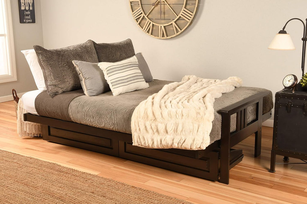 Kodiak Furniture Monterey Futon Set with Storage Drawers, with Espresso Base and Linen Charcoal Mattress