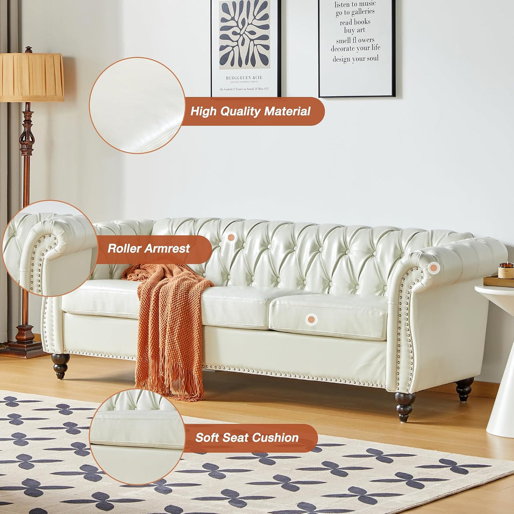 QHITTY 2 Piece Living Room Set, Sectional Chesterfield Sofa Chair Contemporary Upholstered Artificial Leather Loveseat Couch Sets for Living Room, Bedroom, Office (White)