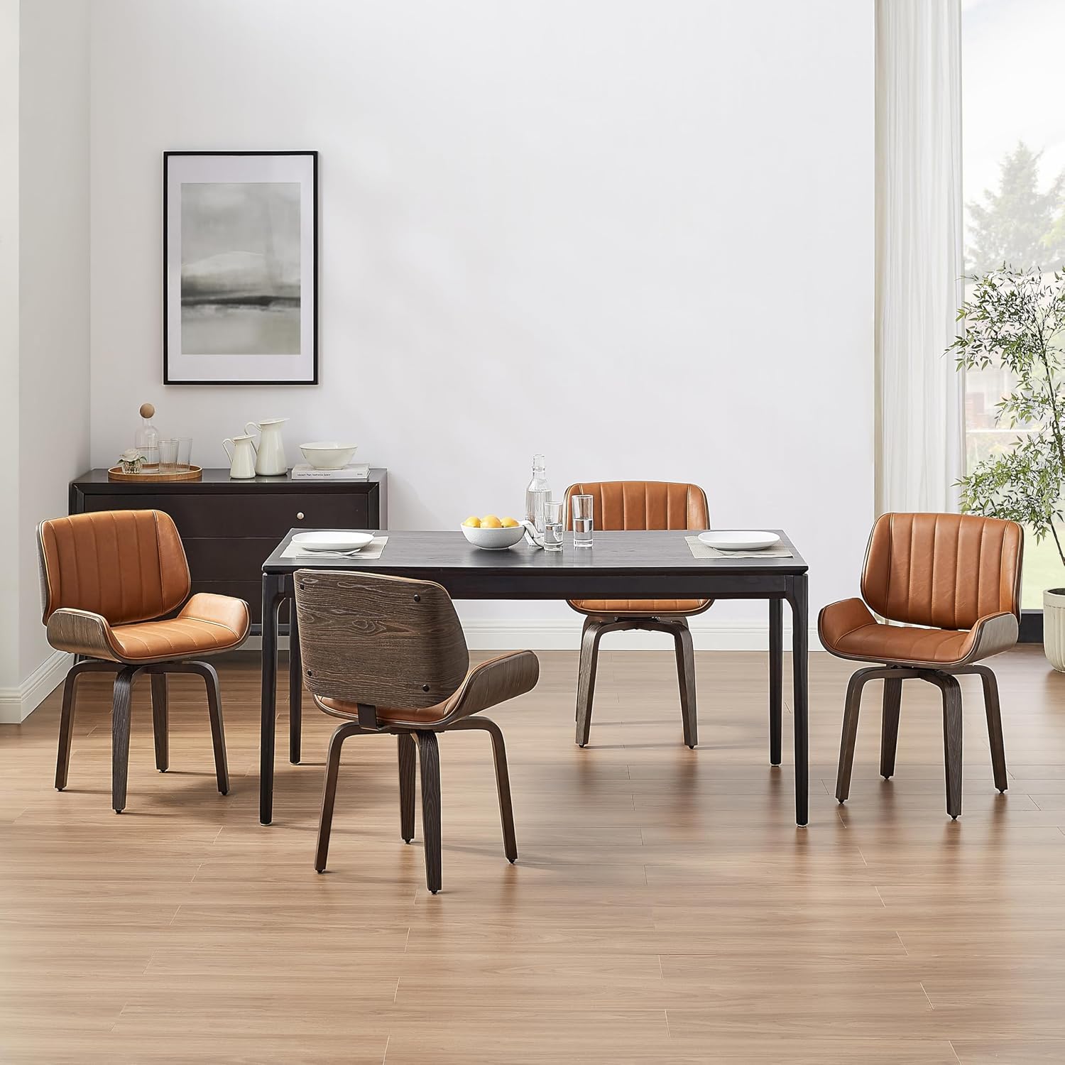 Zouron Mid Century Modern Dining Chairs Set of 2, Faux Leather Upholstered Dining Room Chairs with Black Oak Bentwood, Accent Side Chair for Small Space Living Room Bedroom, Channel Stitch, Brown