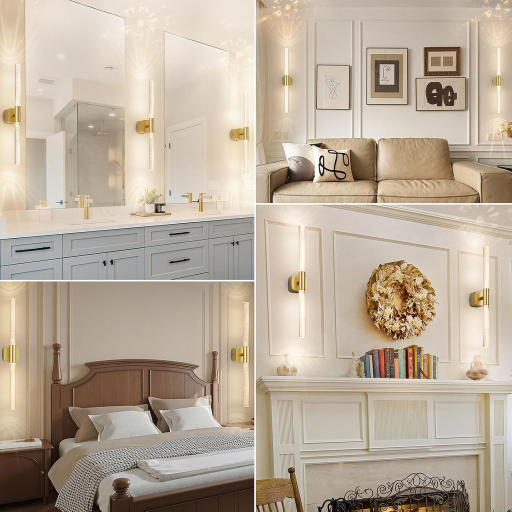 Battery Operated Wall Sconce Set of 2 Brushed Gold 12000mAh Rechargeable Wall Light with Crystal Acrylic 24' Wireless CCT Dimmable 350°Rotate Remote Wall Lamp for Bedroom Living Room