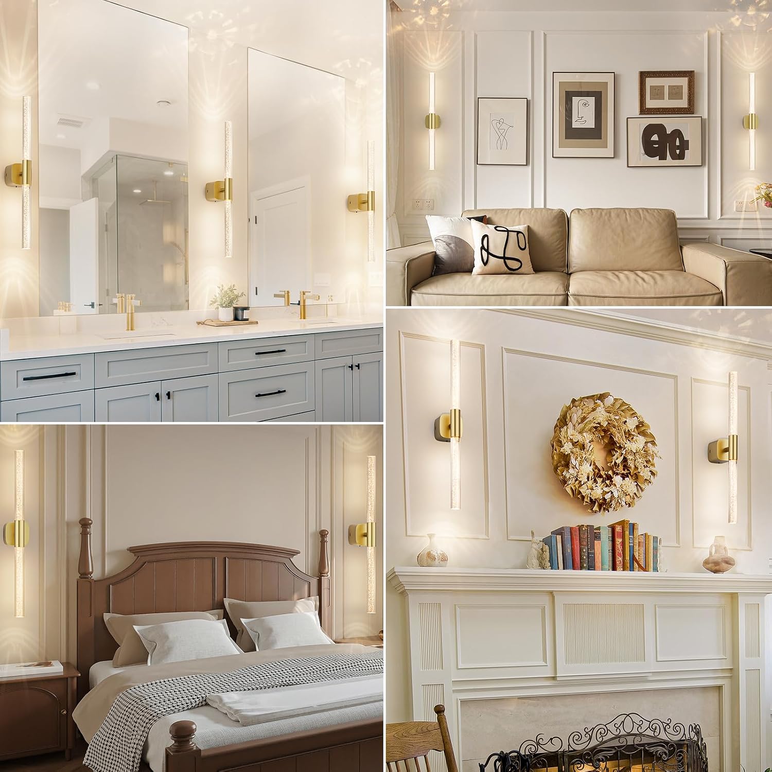 Battery Operated Wall Sconce Set of 2 Brushed Gold 12000mAh Rechargeable Wall Light with Crystal Acrylic 24' Wireless CCT Dimmable 350°Rotate Remote Wall Lamp for Bedroom Living Room