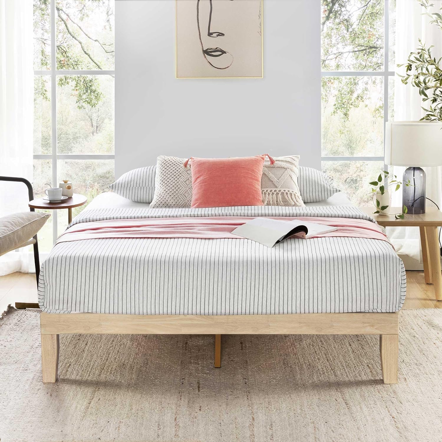 Mellow Naturalista Classic 12 Inch Solid Wood Platform Bed with Wooden Slats, Queen, White Wash