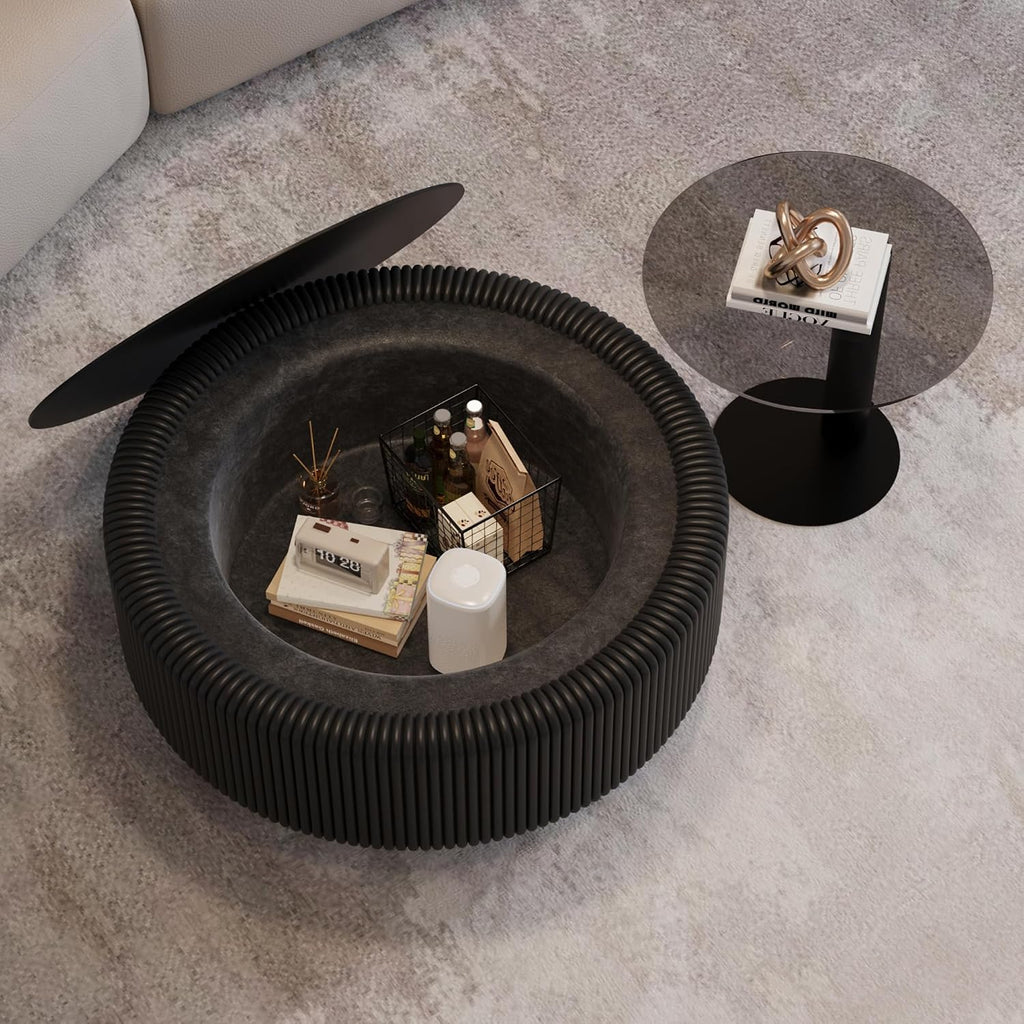 31.5' Black Round Fluted Coffee Table with Hidden Storage, Drum Coffee Table with Tempered Glass Top, PU Leather Body, Baked Enamel Metal Base, Modern Minimalist Circle Tea Table