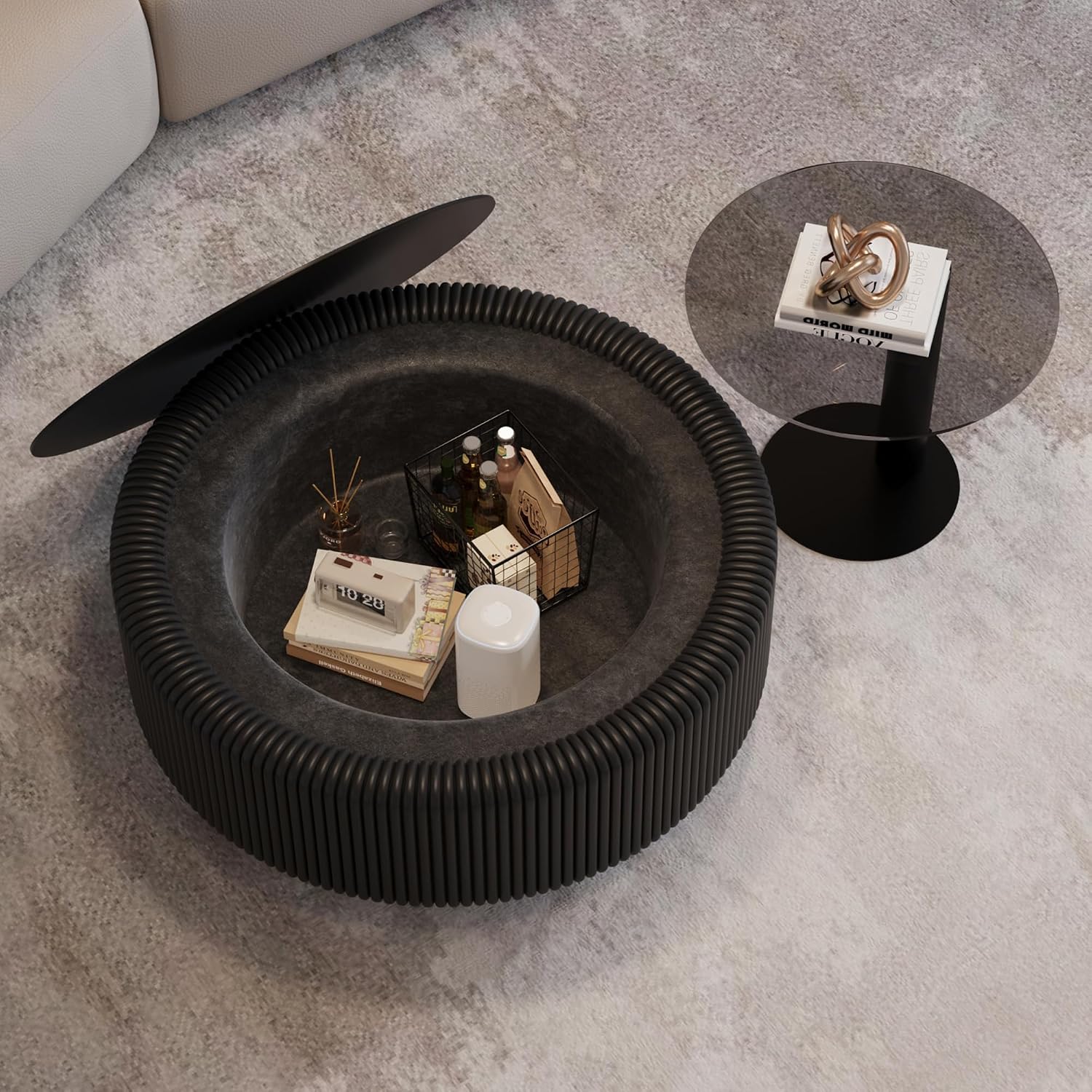 31.5' Black Round Fluted Coffee Table with Hidden Storage, Drum Coffee Table with Tempered Glass Top, PU Leather Body, Baked Enamel Metal Base, Modern Minimalist Circle Tea Table