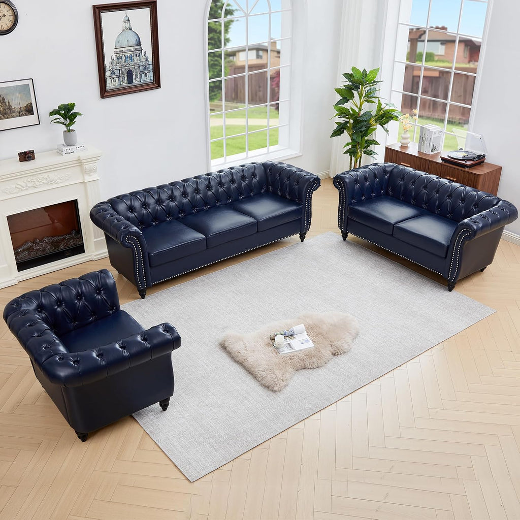 QHITTY 3 Piece Living Room Set, Sectional Chesterfield Sofa Chair Contemporary Upholstered Artificial Leather Loveseat Couch Sets for Living Room, Bedroom, Office (Blue)