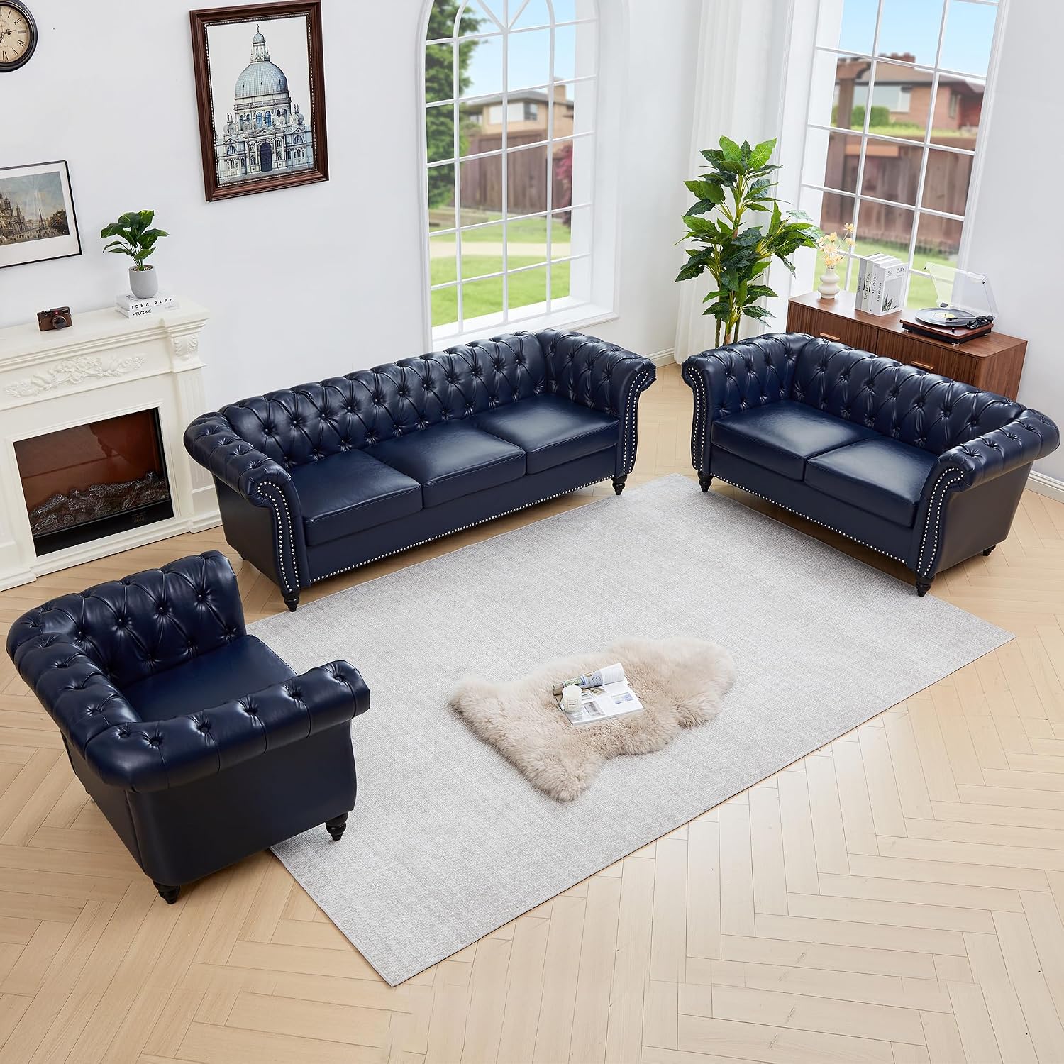 QHITTY 3 Piece Living Room Set, Sectional Chesterfield Sofa Chair Contemporary Upholstered Artificial Leather Loveseat Couch Sets for Living Room, Bedroom, Office (Blue)