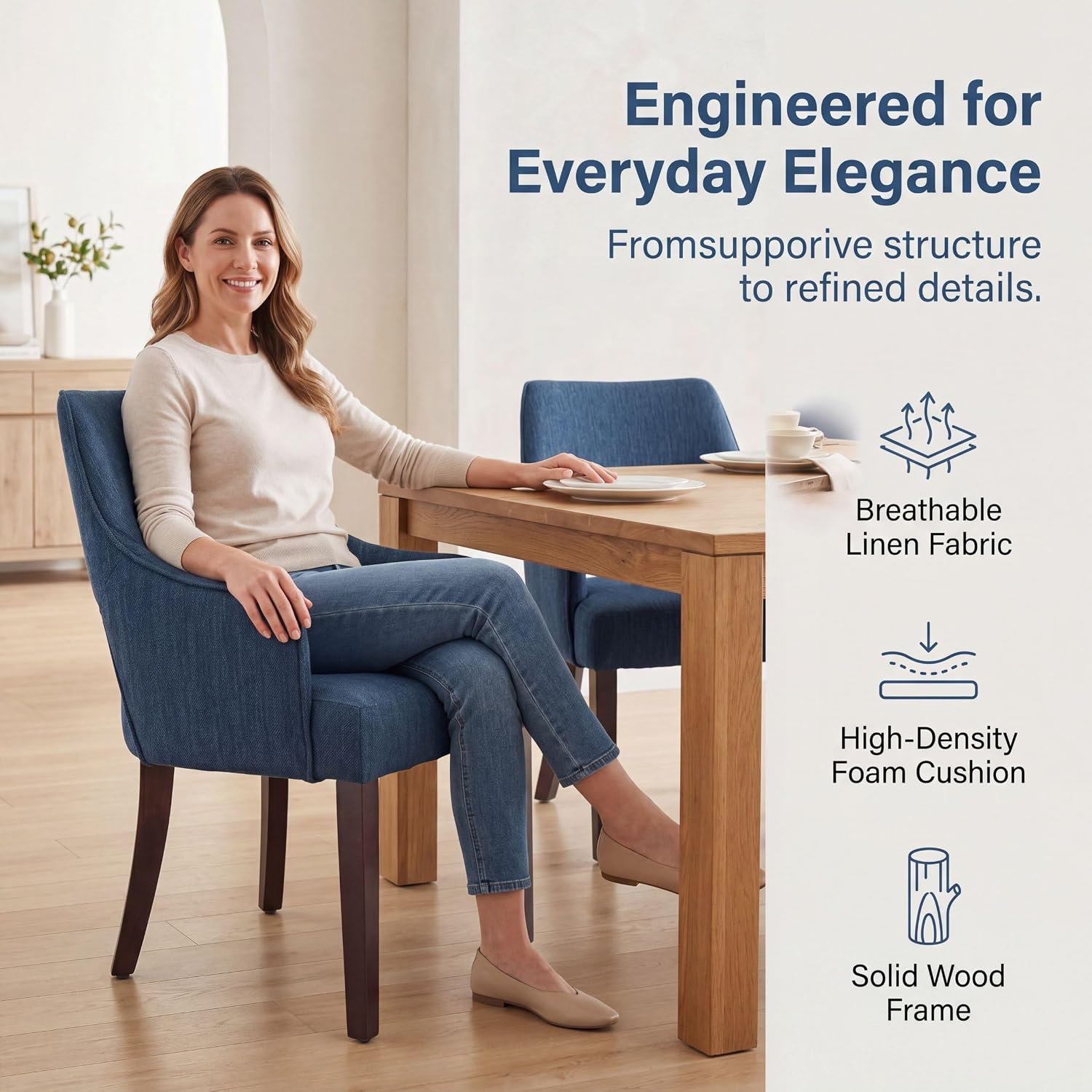 Farmhouse Upholstered Dining Chairs Set of 2, Linen Fabric Dining Room Chairs with Arms, Solid Wood Kitchen Side Chairs for Dining Living Room Bedroom, Upgraded Size, Blue