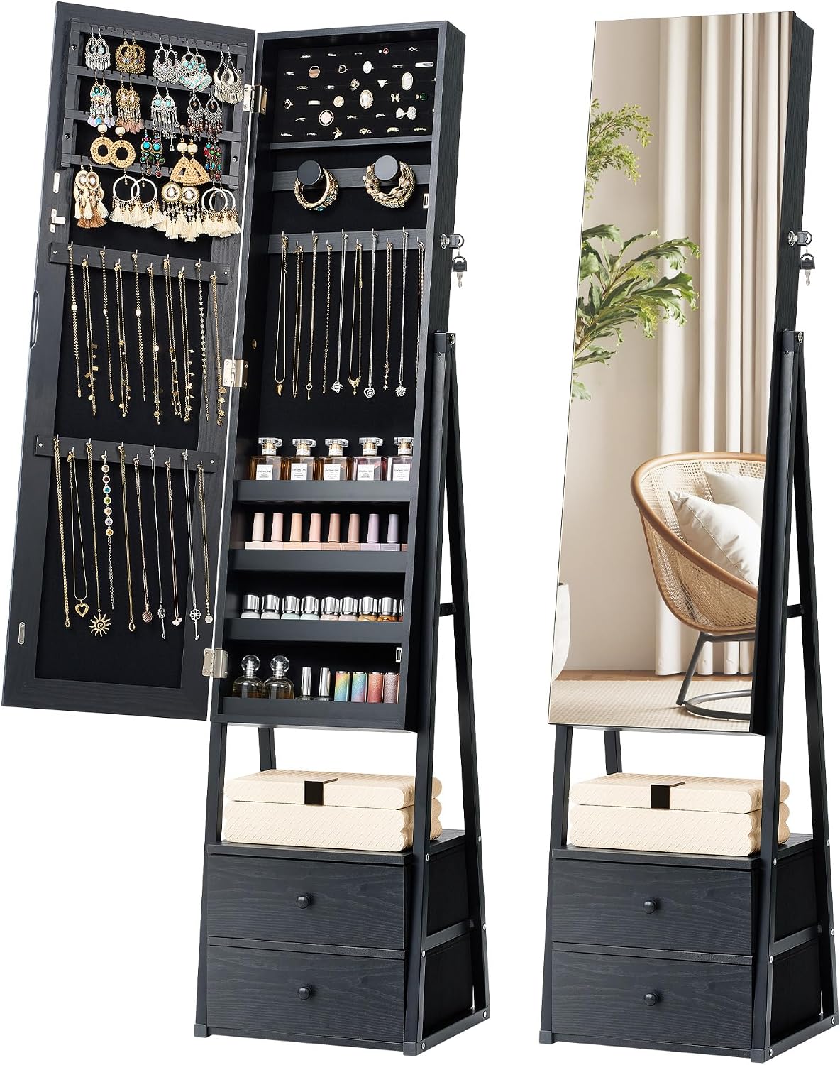 Nicetree Mirror Jewelry Cabinet Standing, Lockable Jewelry Cabinet Armoire with 2 Drawers, Full Length Mirror with Jewelry Storage, Christmas Gifts, Black