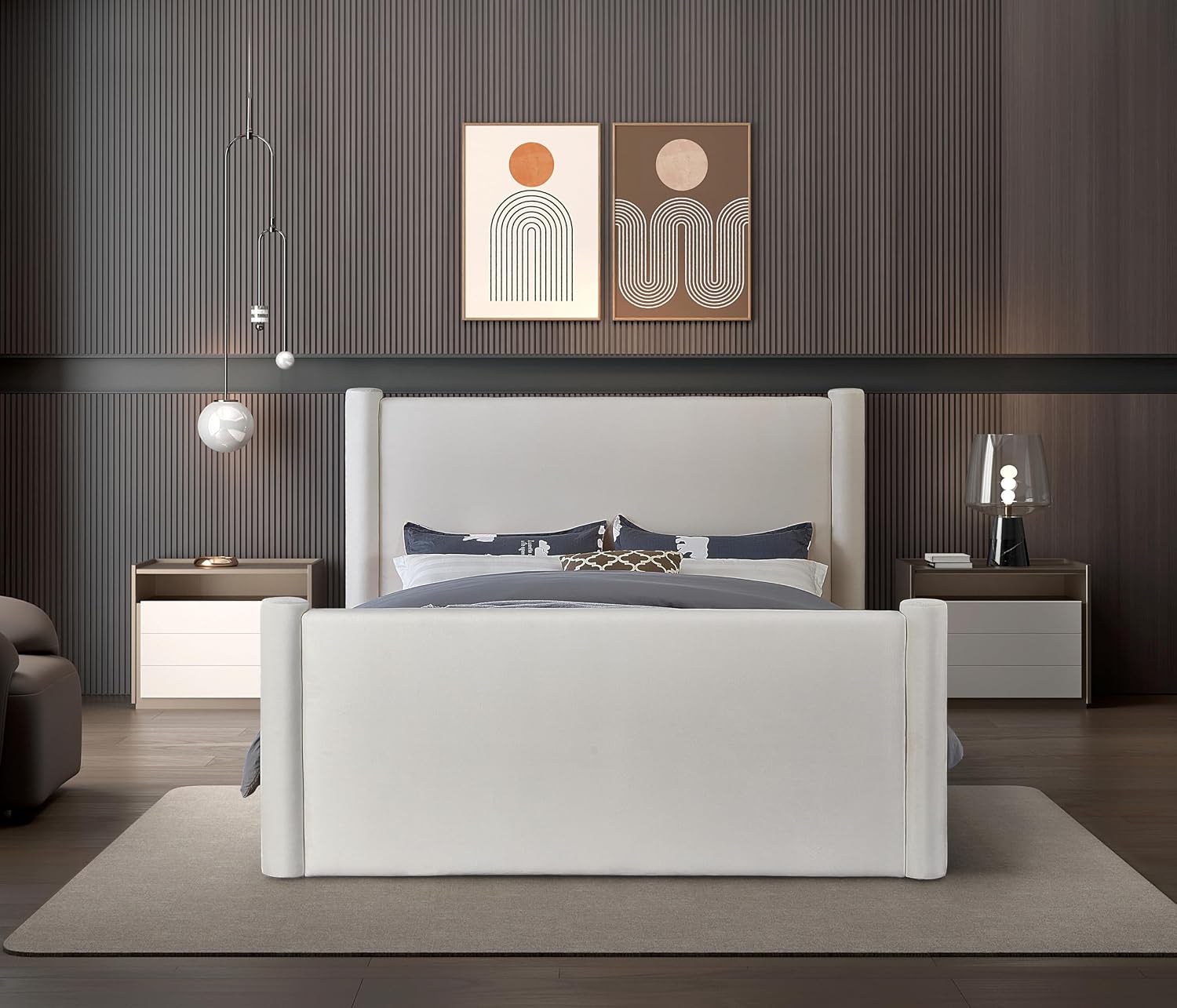 Meridian Furniture B1298Cream-Q Elias Collection Modern | Contemporary Queen Bed with Soft Cream Velvet, Solid Wood Inner Frame, 73.5' W x 88.5' D x 52' H, Cream, Queen