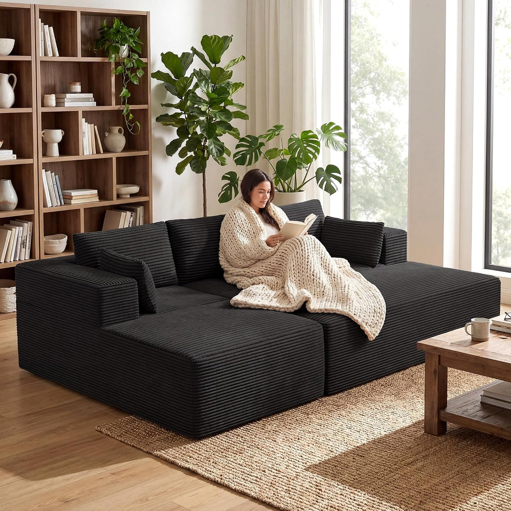 GRUSIGN 106' Oversized Sectional Boneless Sleeper Sofa Bed Couches for Living Room, Modular L Shaped Couch with Left Facing Chaise & Big Ottoman, Compressed Spineless Corduroy Cloud Sofas, Black | Deep Seat