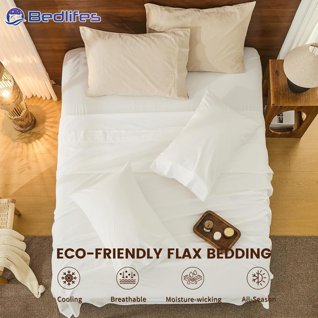 Bedlifes 100% French Pure Linen Sheets Queen Size Breathable and Cooling Flax Sheet Set Soft Durable and Moisture Wicking 16 Inch Deep Pocket-4 Piece(Queen,White)