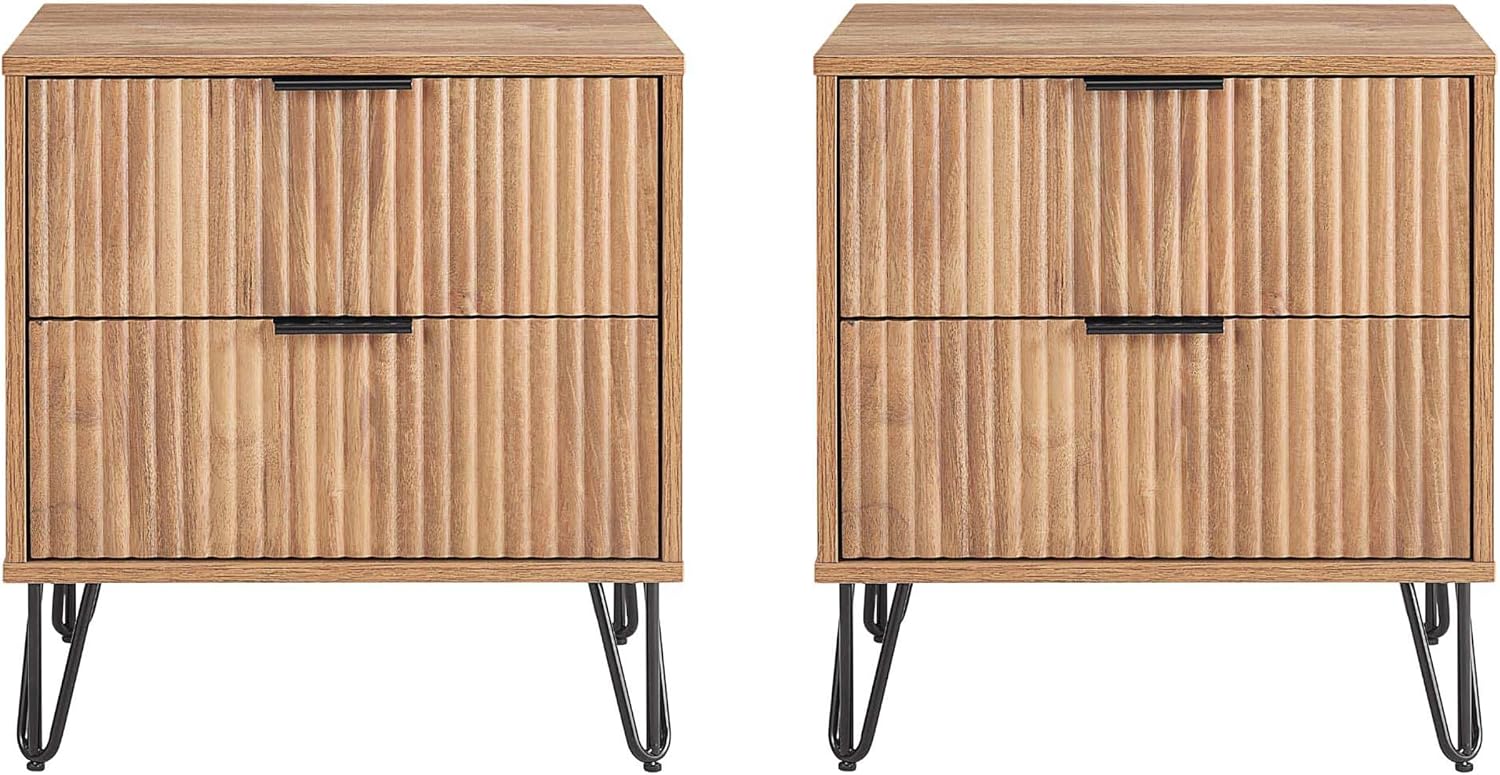 Manhattan Comfort Dumbo Modern Nightstand 2.0 with 2 Metal Feet | Stylish Splayed Gold Legs | Vertical Ribbed Drawer | Perfect for Bedroom, Set of 2, Golden Brown