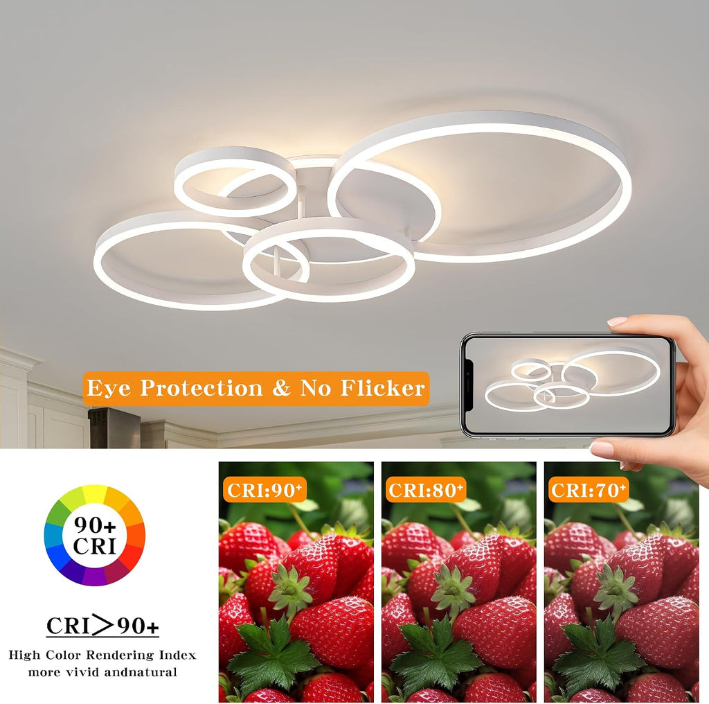 O'NEELDY Modern Light Fixtures Ceiling Flush Mount Modern Led Ceiling Lights 5-Light Dimmable Led Chandelier White Lamp with Remote for Bedroom Living Room Kitchen Dining Room, 100W