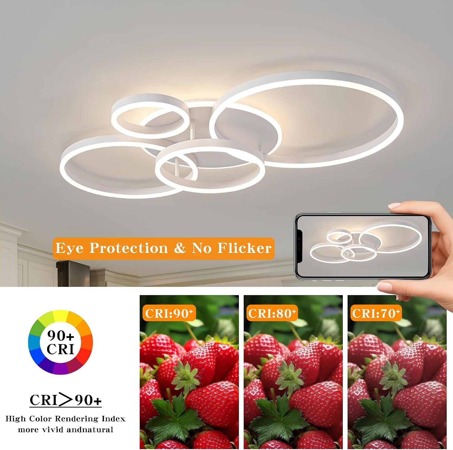 O'NEELDY Modern Light Fixtures Ceiling Flush Mount Modern Led Ceiling Lights 5-Light Dimmable Led Chandelier White Lamp with Remote for Bedroom Living Room Kitchen Dining Room, 100W