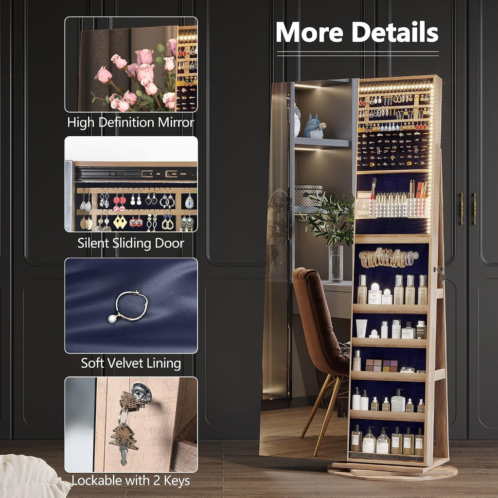 LVSOMT 360° Rotating Full Length Mirror Jewelry Cabinet with Sliding Door, LED Lighted Lockable Jewelry Armoire Organizer, Standing Up Mirror with Storage for Bedroom Dressing Room, Light Wood