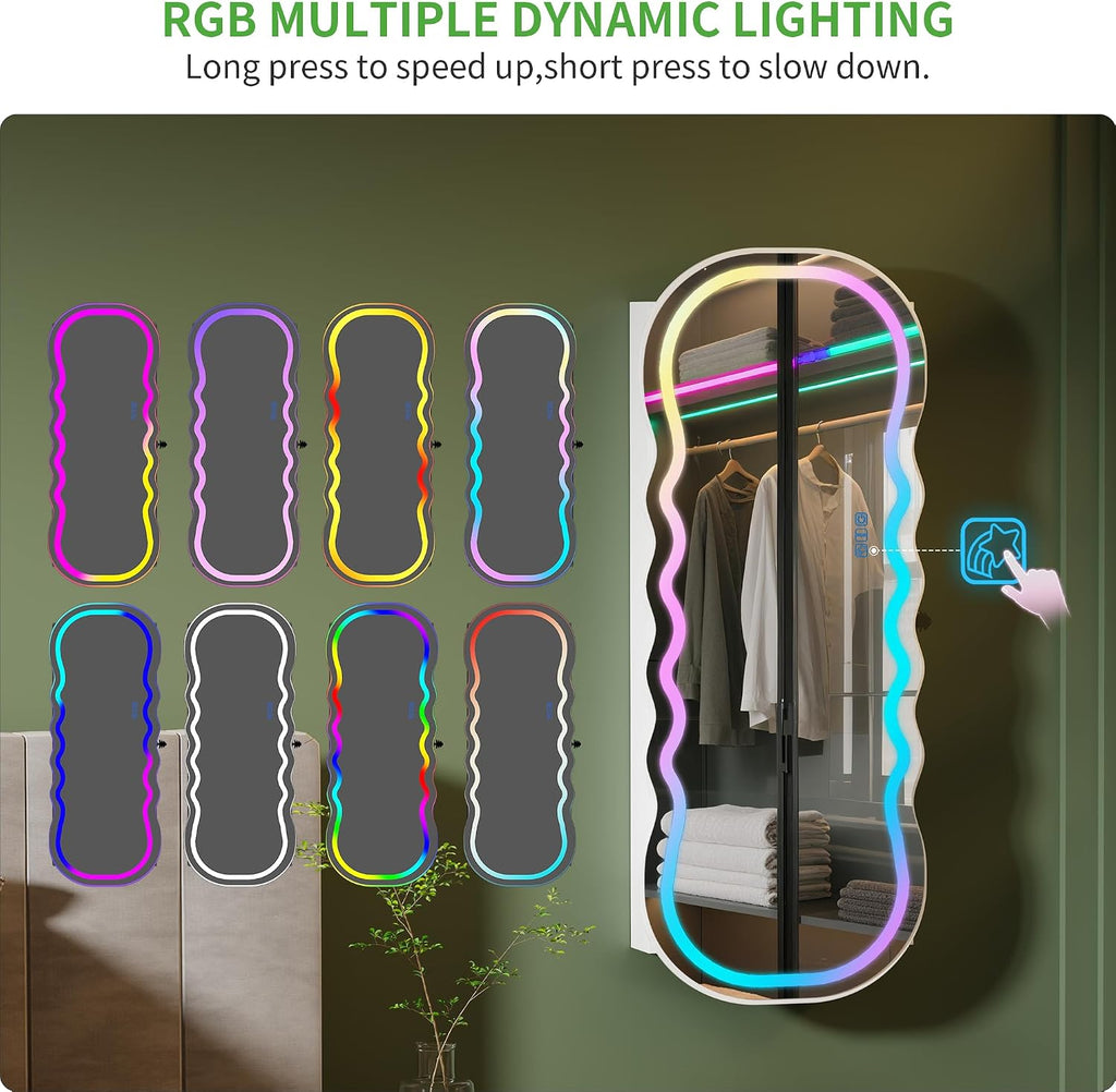 HNEBC LED Mirror Jewelry Cabinet with RGB Lights,42.5' Wall Mounted Jewelry Organizer with Full-Length Mirror,Over The Door Hanging Jewelry Armoire Storage Cabinet,Lockable,Wide Wavy Mirror