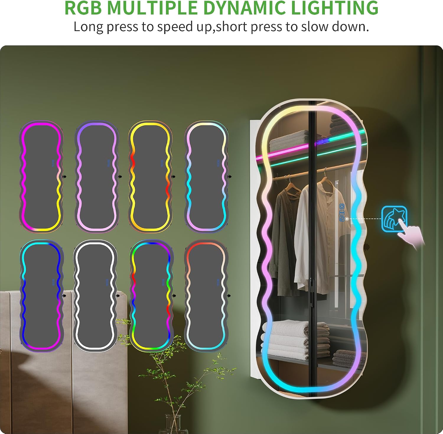 HNEBC LED Mirror Jewelry Cabinet with RGB Lights,42.5' Wall Mounted Jewelry Organizer with Full-Length Mirror,Over The Door Hanging Jewelry Armoire Storage Cabinet,Lockable,Wide Wavy Mirror
