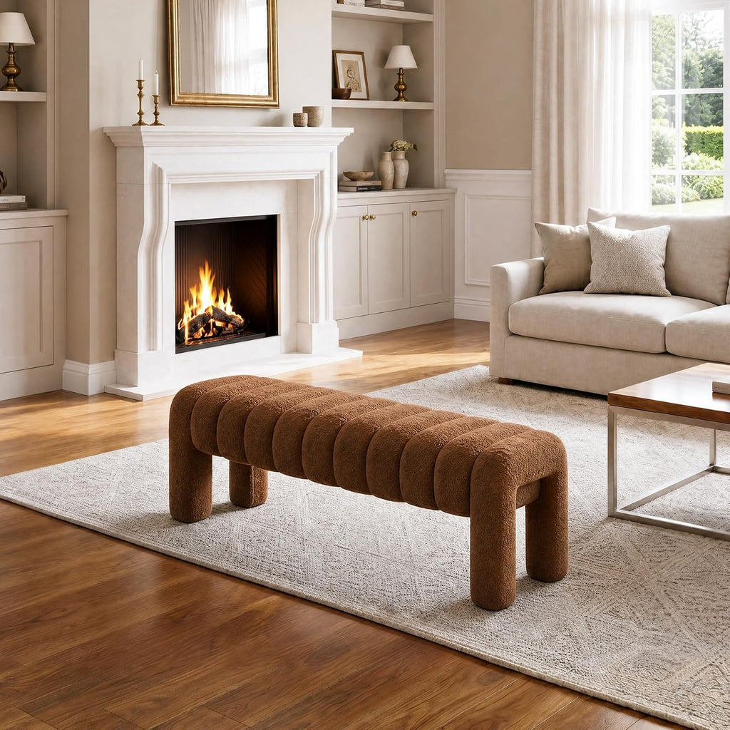 43'' Bedroom Bench, Upholstered End of Bed Bench with Solid Wood Legs, Modern Small Dining Bench with Full Covered Fabrics for Entryway, Bedroom, Living Room (Rust Brown, Boucle)