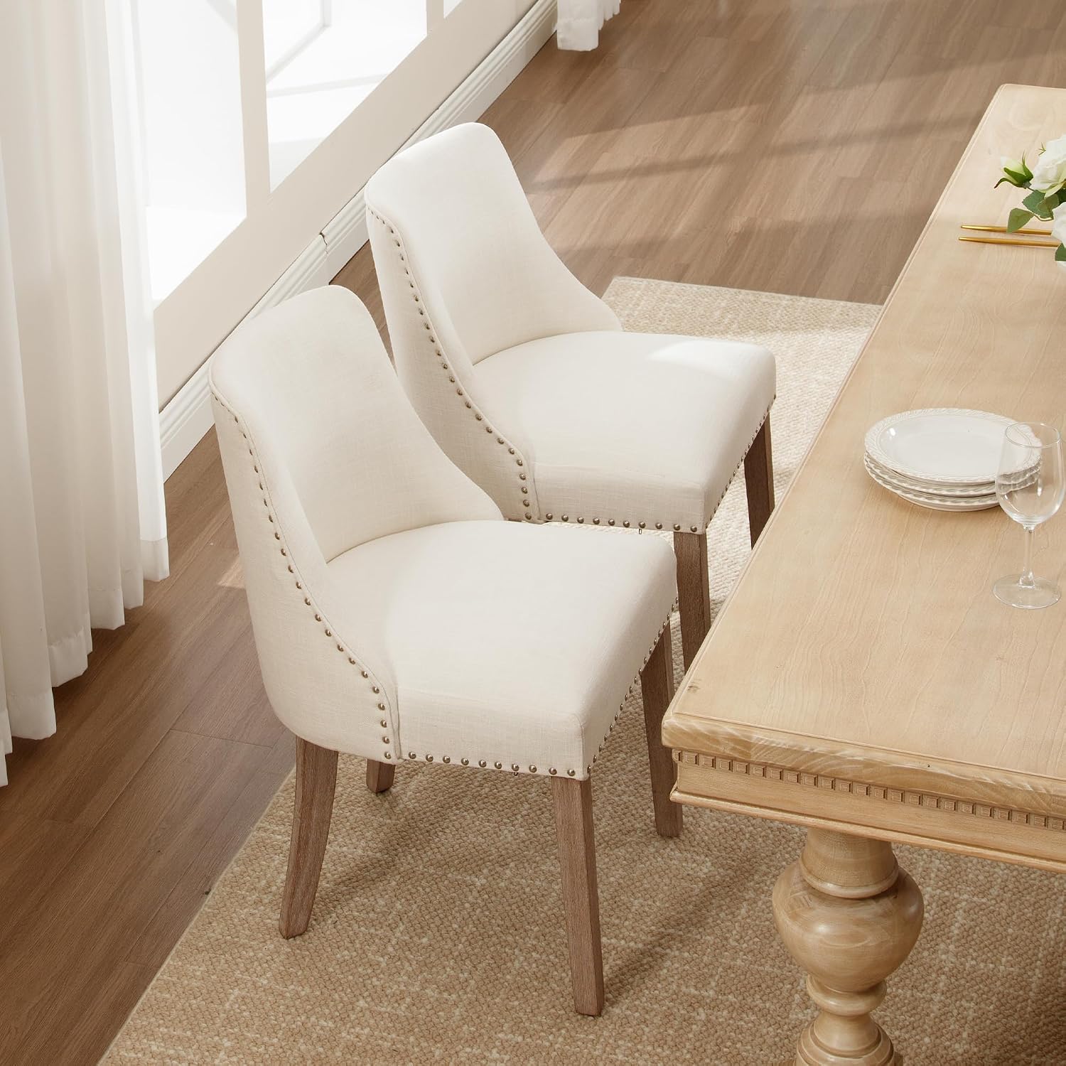 Mid Century Modern Dining Chairs Set of 4 Upholstered Linen Fabric Accent Chairs Wooden Side Chair for Living Room/Dining Room/Bedroom, Cream
