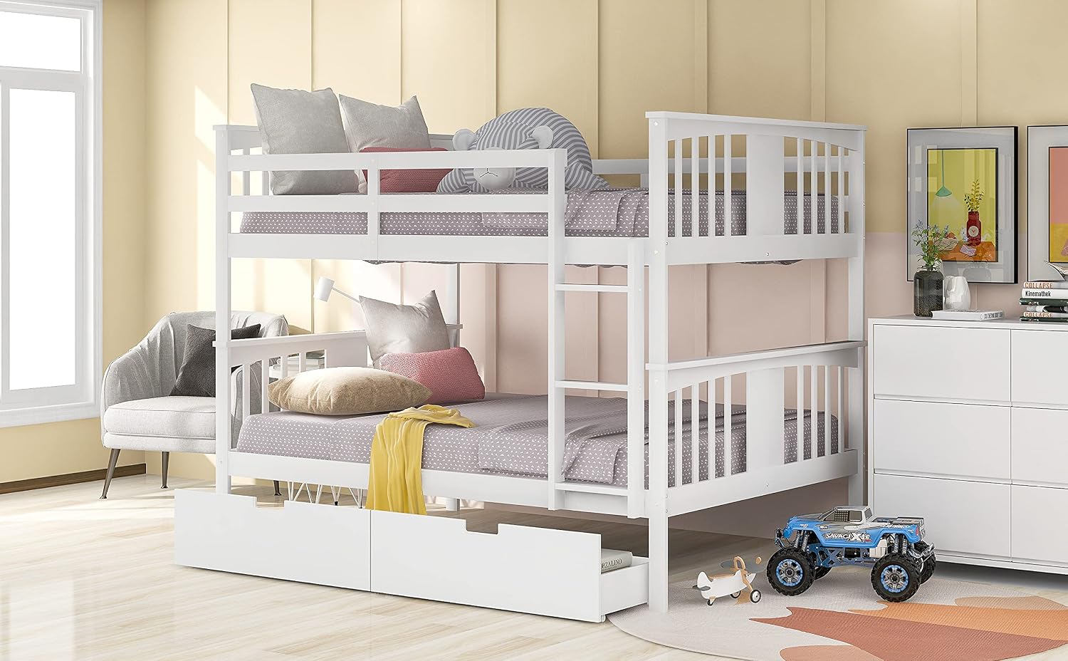 GOWE Full Over Full Bunk Bed with Drawers and Ladder for Bedroom, Guest Room Furniture-White(Old SKU :LT000205AAK)