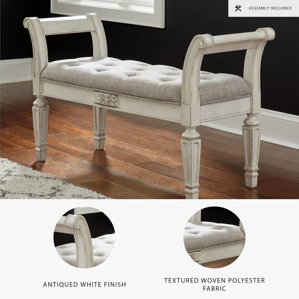 Signature Design by Ashley Realyn French Country Upholstered Tufted Accent Bench with Foam Cushion and Scrolled Arms, Wood Frame, 25.88' High, Antique White