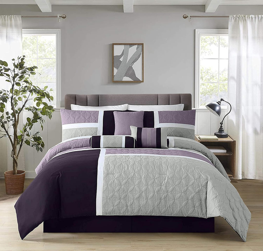 Chezmoi Collection Upland 7-Piece Quilted Patchwork Comforter Set, Lavender/Gray/Purple, Oversized King