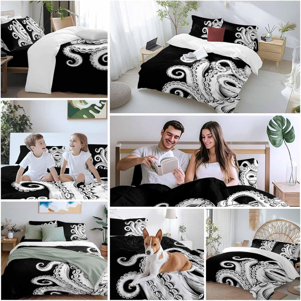 Abstract Octopus Duvet Cover Set Queen Size 4 Pieces Vintage Gray White Octopus Touches Black Background Bedding Set with Zipper Closure, 1 Comforter Cover 92x106 Inches 1 Flat Sheet & 2 Pillow Cases