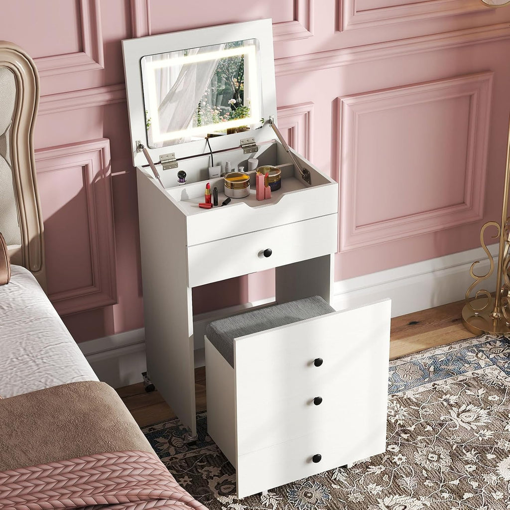 CHARMAID 3-in-1 Vanity Desk with Flip-Top LED Mirror, Rolling Stool with Hidden Storage & Drawer, 20 inch Compact Modern Makeup Vanity Table for Bedroom & Apartment, White