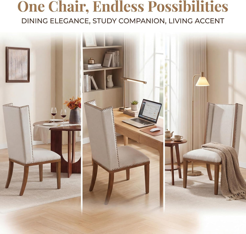 Wingback Dining Chairs Set of 2, Uphosltered Linen Kitchen Chairs with High Back, Solid Wood Accent Side Chair for Dining Room/Bedroom/Living Room, Linen White