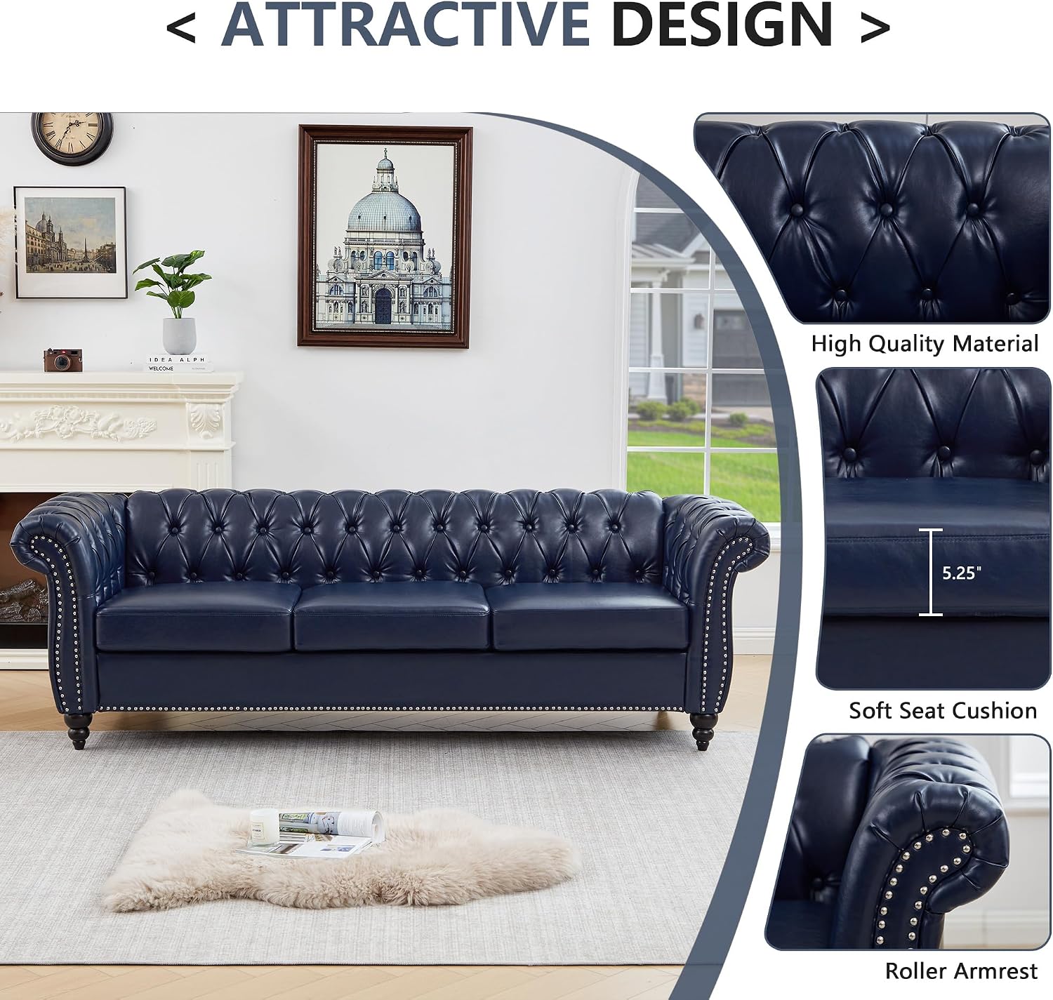 QHITTY Accent Large Sofa, Chesterfield Couch 3 Seater Modern Leather Couch Upholstered Sofa with Tufted Back for Living Room Furniture (Blue)