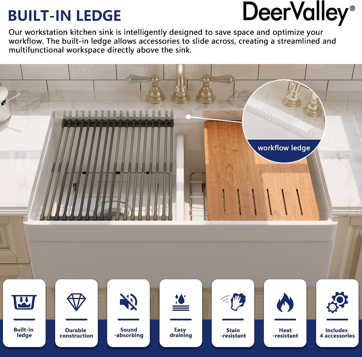 DeerValley 33 inch Workstation Kitchen Sink, White Fireclay Farmhouse Sink, Double Bowl Apron Front Deep Drop-in Undermount Sink with Workstation Accessories