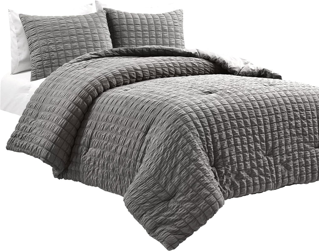 Lush Decor Crinkle Textured Dobby 3 Piece Comforter Set, King, Dark Gray