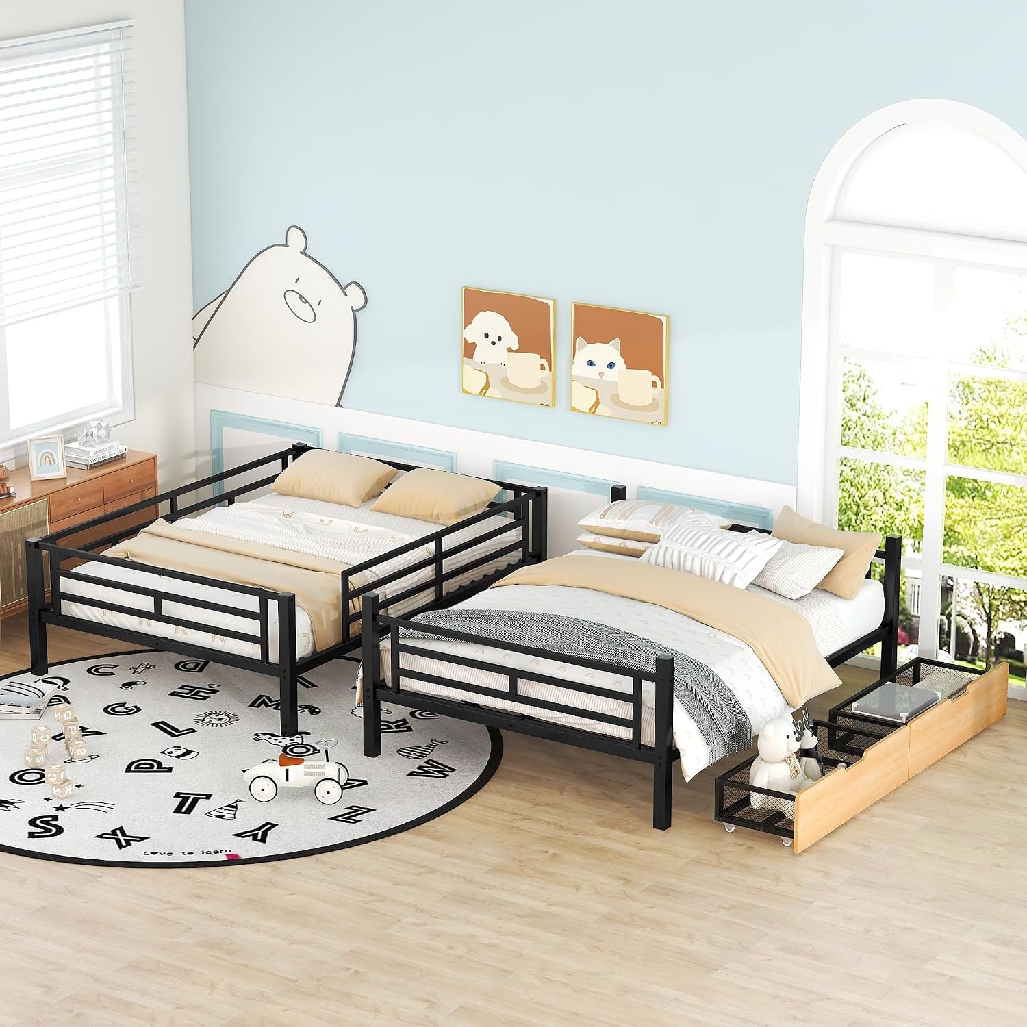 Metal Full Size Convertible Bunk Bed with 2 Drawers,Bed Frames W/Wood Slats Support The Mattresses,Easy to Assemble,for Kids Teens Girls Boys,Black