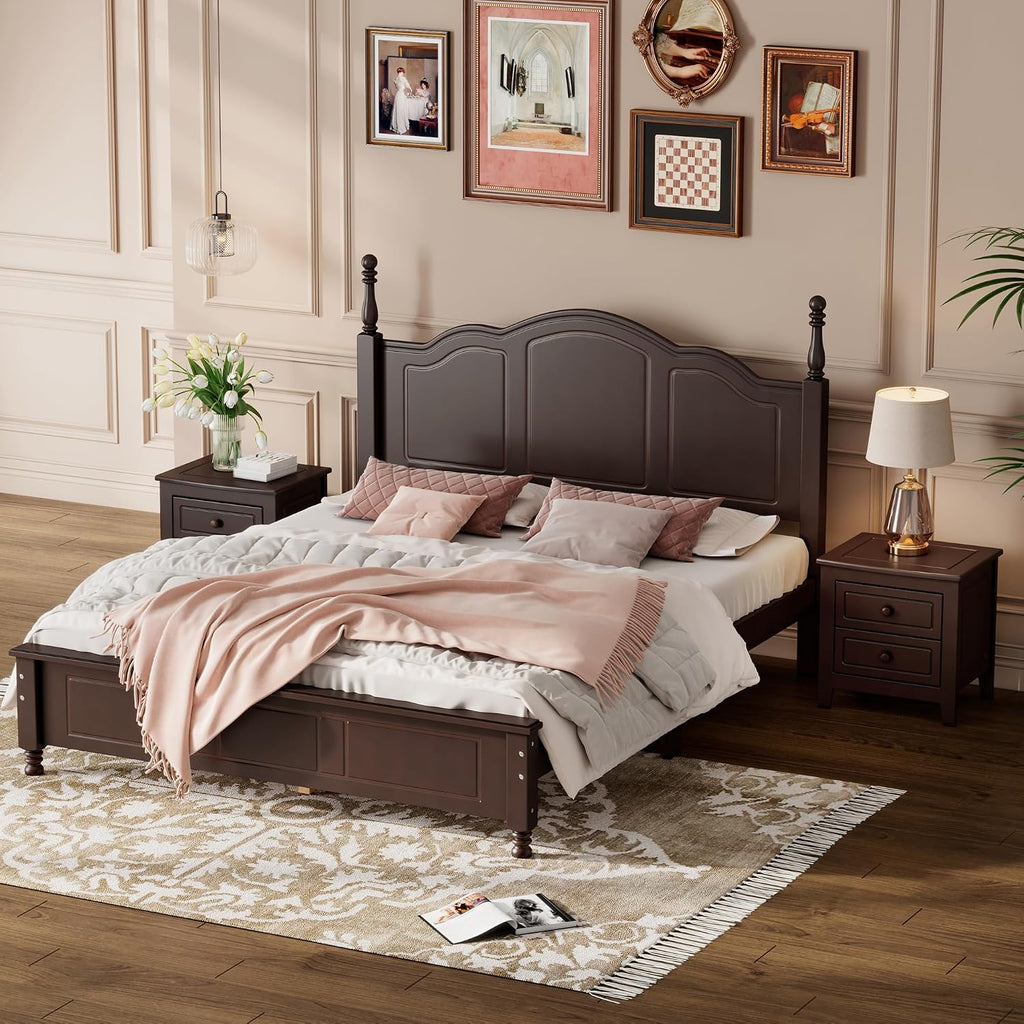 LUMISOL 3 Pieces Bedroom Sets - Queen Size Wood Platform Bed and 2 Nightstands, 3 Piece Queen Bedroom Furniture Set, No Box Spring Needed, Dark Walnut