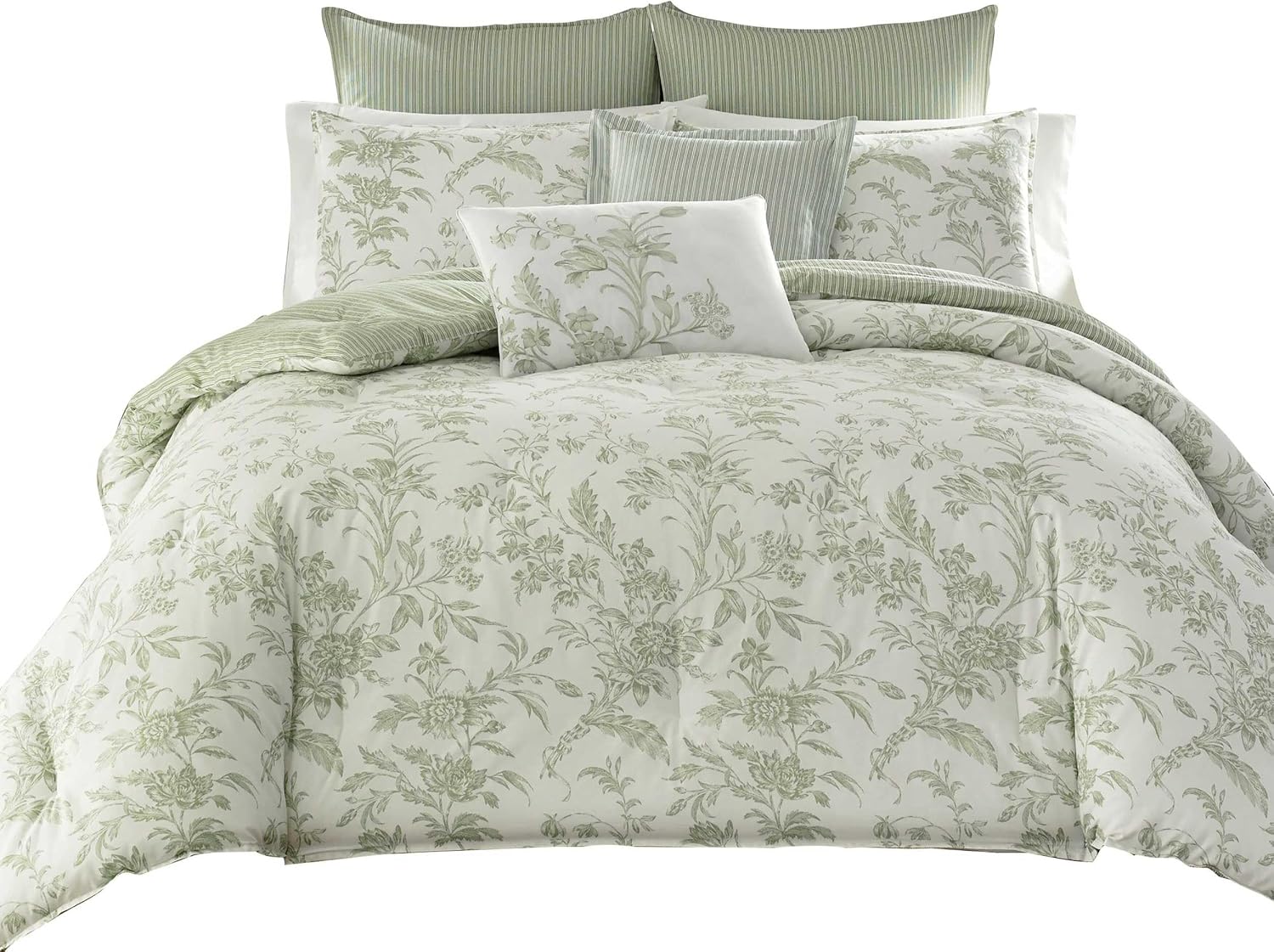 Laura Ashley Home - King Duvet Cover Set, Reversible Cotton Bedding, Includes Matching Shams with Bonus Euro Shams & Throw Pillows (Natalie Green, King)
