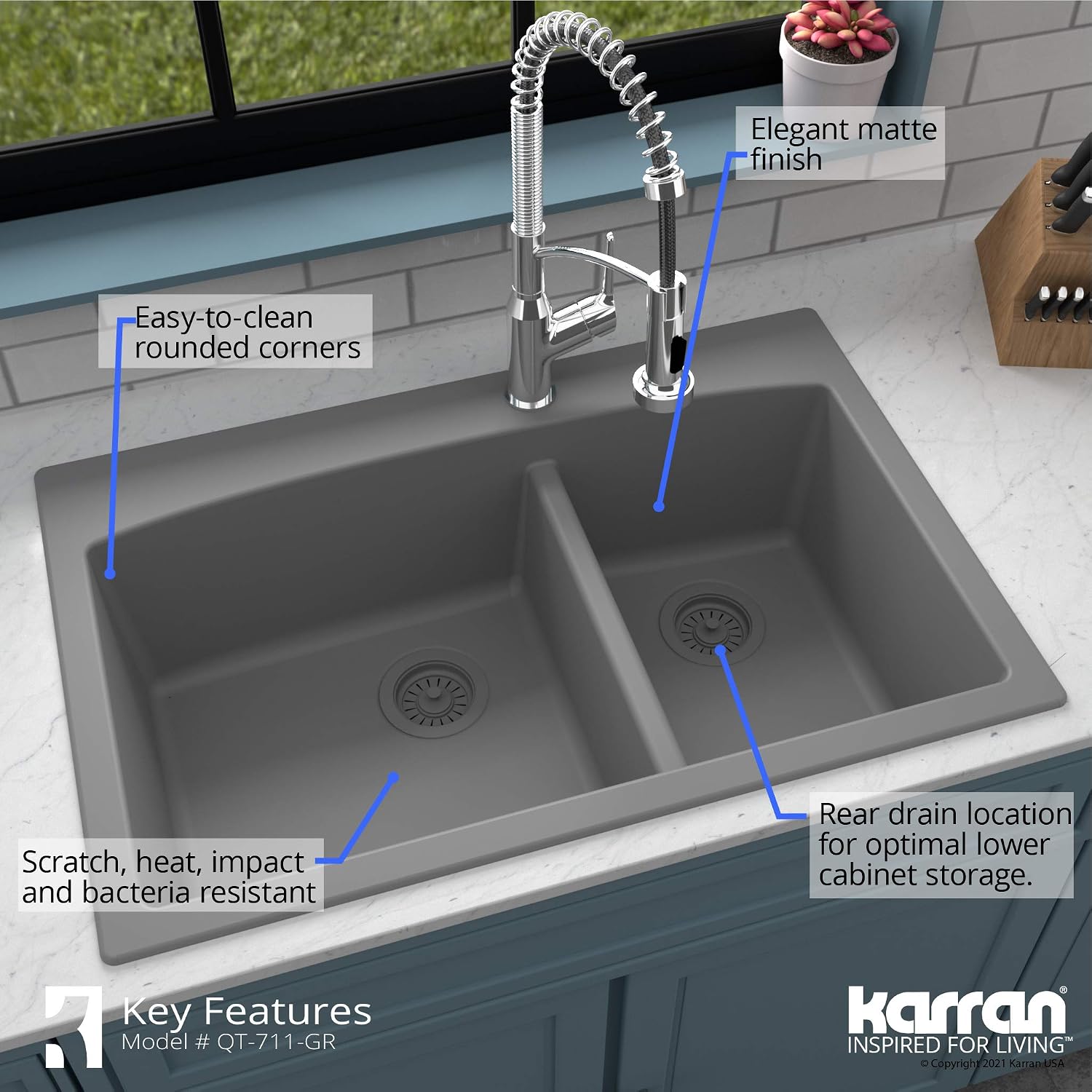 Karran 33 Inch Drop In Double Bowl Kitchen Sink – 60/40 Quartz Composite Granite Top Mount Sink, Deep Basins, 1 Hole with Additional Knockouts, Heat & Scratch Resistant in Grey
