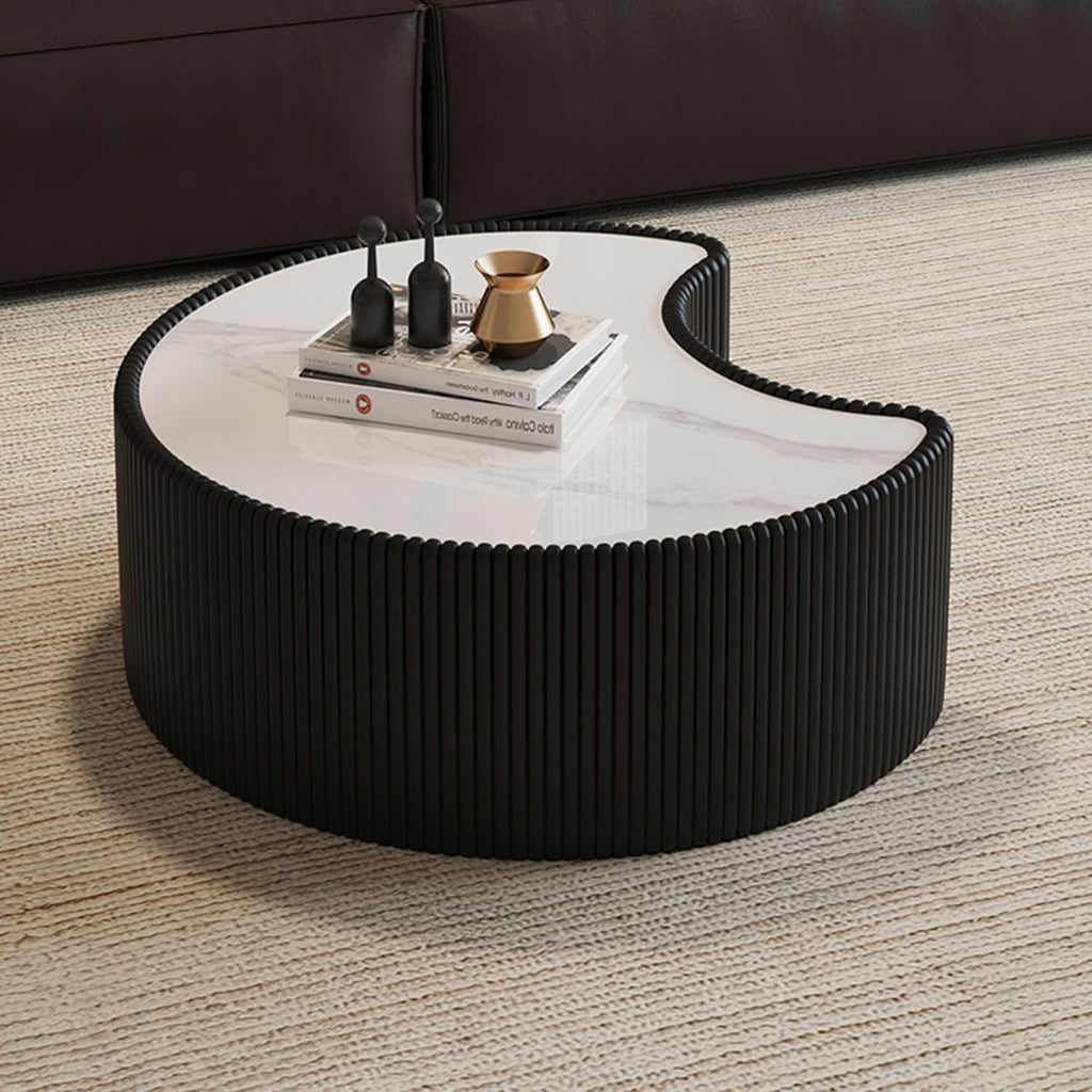 29.53' Black Round Coffee Table, Drum Coffee Table with Sintered Stone Tabletop and Fluted PU Leather Covered and Stable Base, Circle Cocktail Tea Table for Living Room