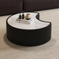 29.53' Black Round Coffee Table, Drum Coffee Table with Sintered Stone Tabletop and Fluted PU Leather Covered and Stable Base, Circle Cocktail Tea Table for Living Room