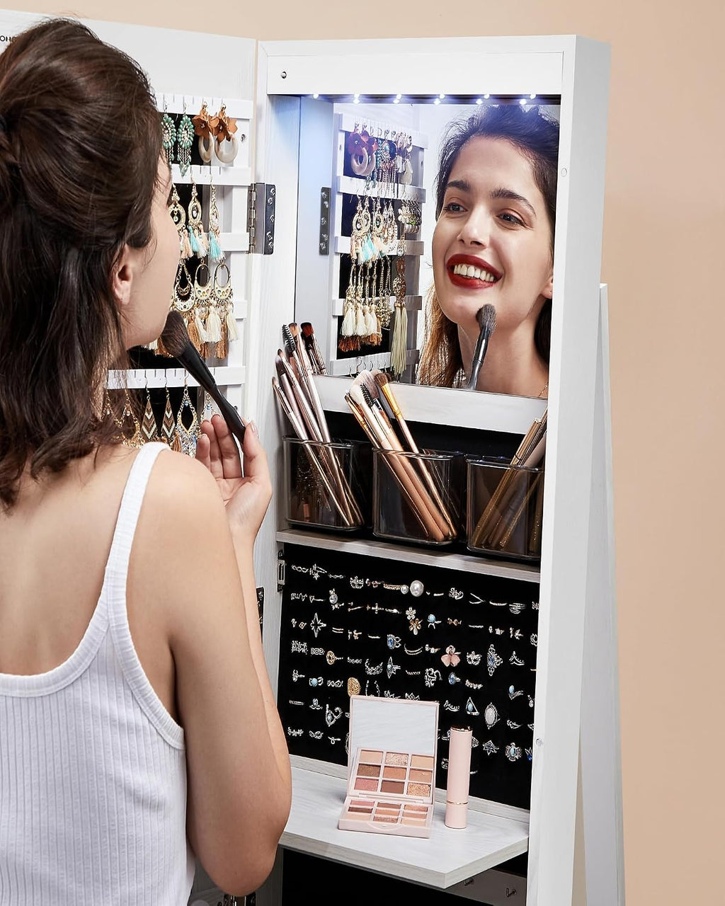 SONGMICS 6 LEDs Lockable Mirror Jewelry Cabinet, 360° Swivel Jewelry Organizer Armoire Standing, Frameless Full-Length Mirror, 3 Storage Shelves, White Surface, Black Lining UJJC007W01