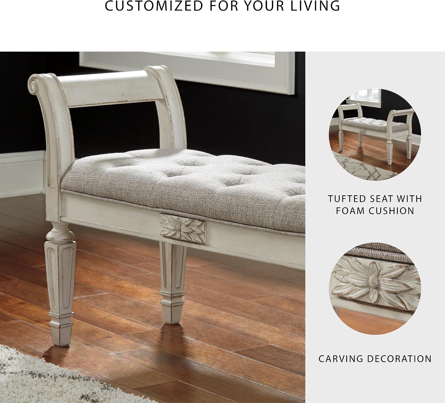 Signature Design by Ashley Realyn French Country Upholstered Tufted Accent Bench with Foam Cushion and Scrolled Arms, Wood Frame, 25.88' High, Antique White