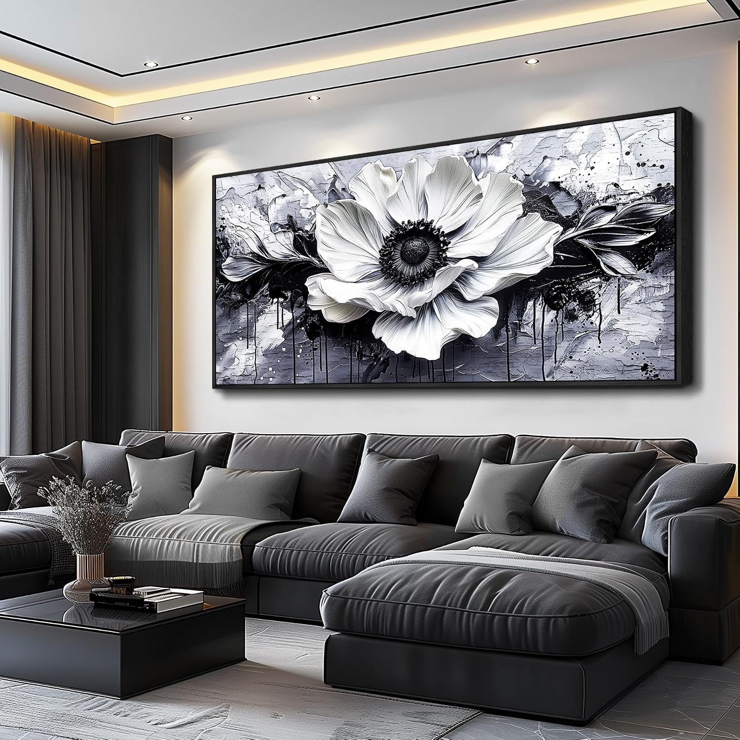 JUDASJART Black and white Canvas Painting Wall Decor For Living Room Wall Art For Bedroom Office Decoration Abstract Flowers Artworks Pictures Ready To Hang Modern Aesthetics Home Decor 32x72 In