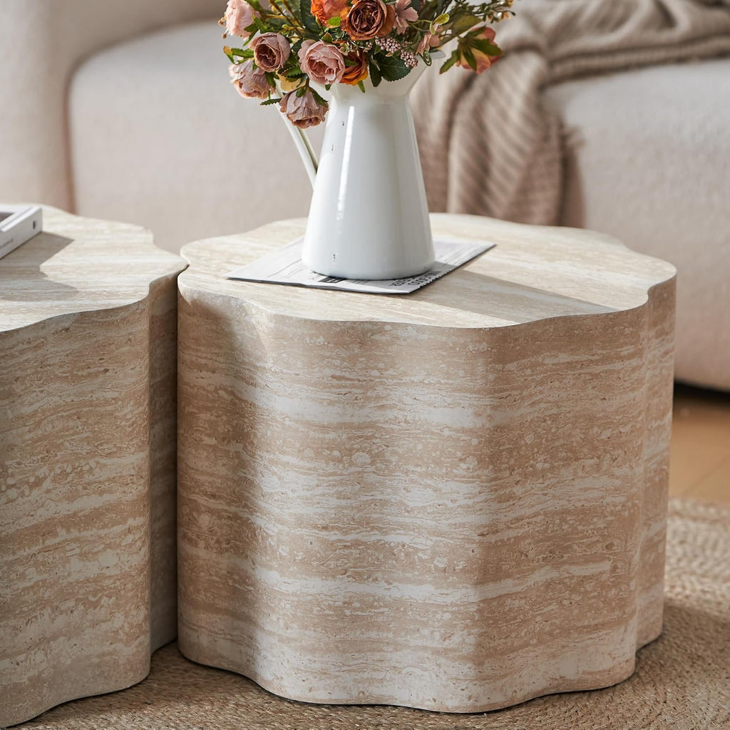 Nesting Coffee Table Set of 2, Modern Wood Center Table for Living Room, Faux Mars Pattern Side Table Accent End Table for Apartment Office, No Need Assembly (26.7'& 23.6')