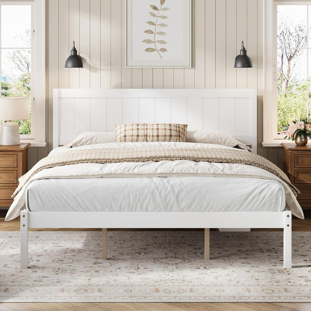 Platform Bed Frame with Headboard, Wood Slat Support, No Box Spring Needed,King,White