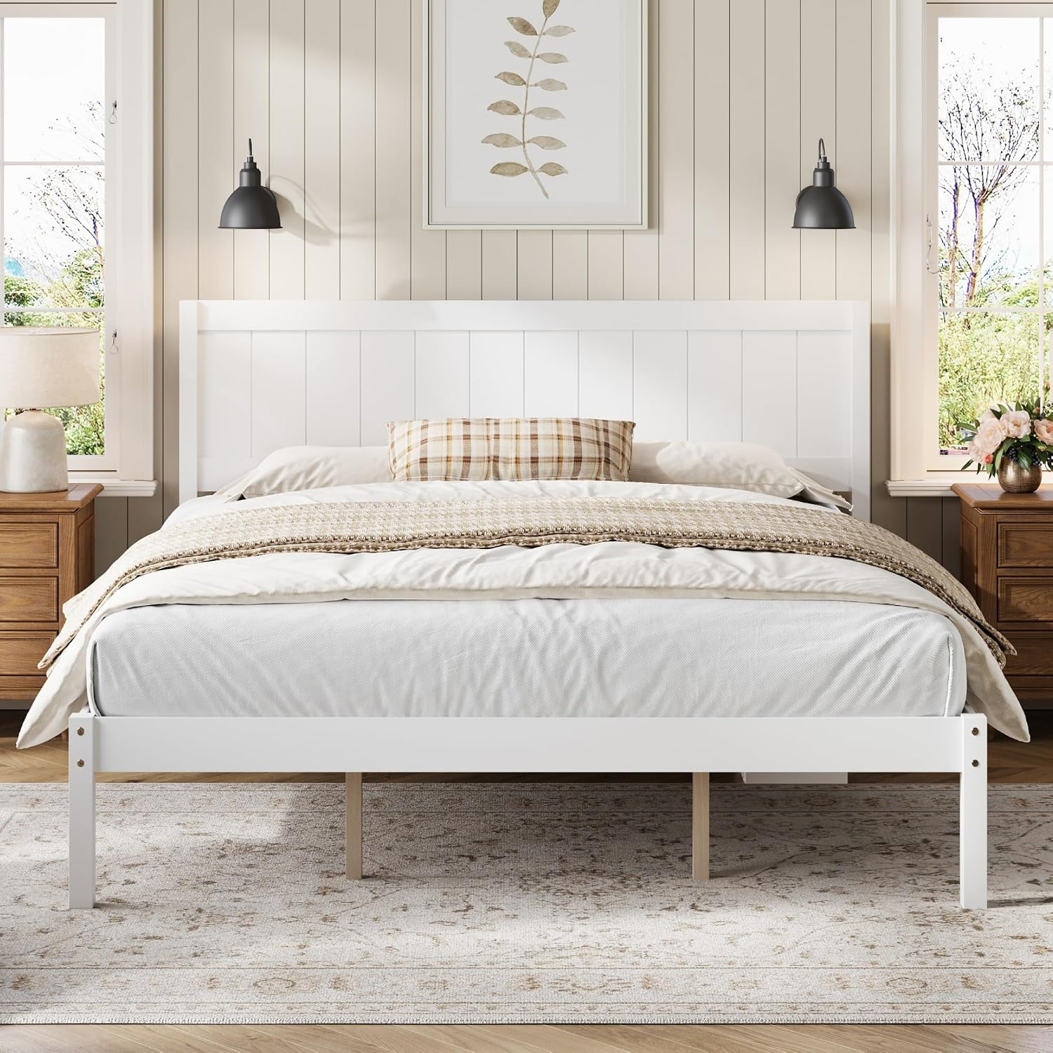 Platform Bed Frame with Headboard, Wood Slat Support, No Box Spring Needed,King,White