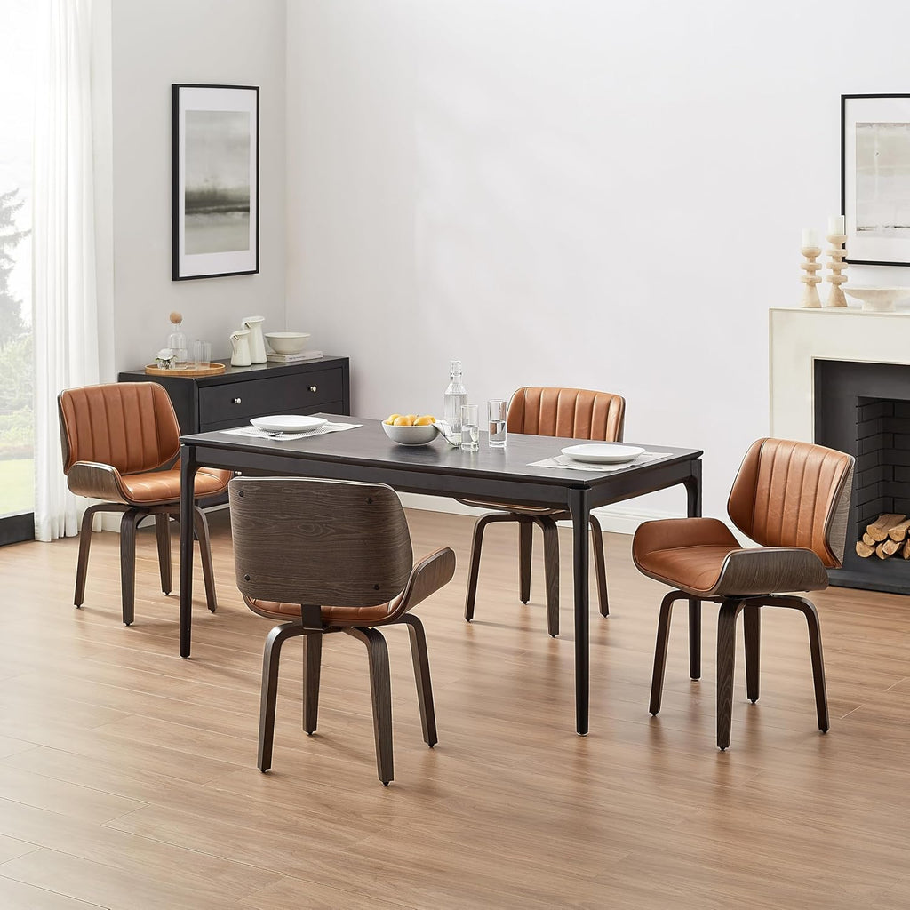 Zouron Modern Dining Chair with Wooden Legs, Swivel Home Desk Chair No Wheels, Mid Century Faux Leather Chair with Black Oak Bentwood, Upholstered Kitchen Dining Room Chairs, Channel Stitch, Brown