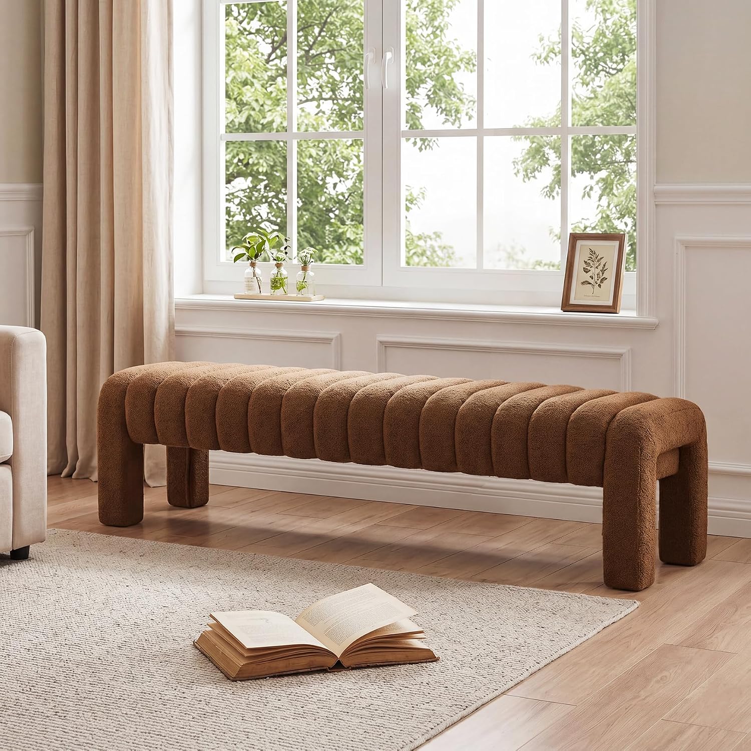 63'' Bedroom Bench, Upholstered End of Bed Bench with Solid Wood Legs, Modern Cushioned Dining Bench with Full Covered Fabrics for Entryway, Bedroom, Living Room (Rust Brown, Boucle)