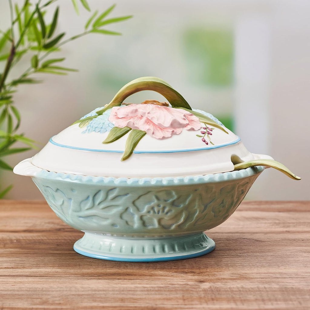 Fitz and Floyd Meadow Tureen Covered Serving Bowl with Ladle, 3.5 Quart