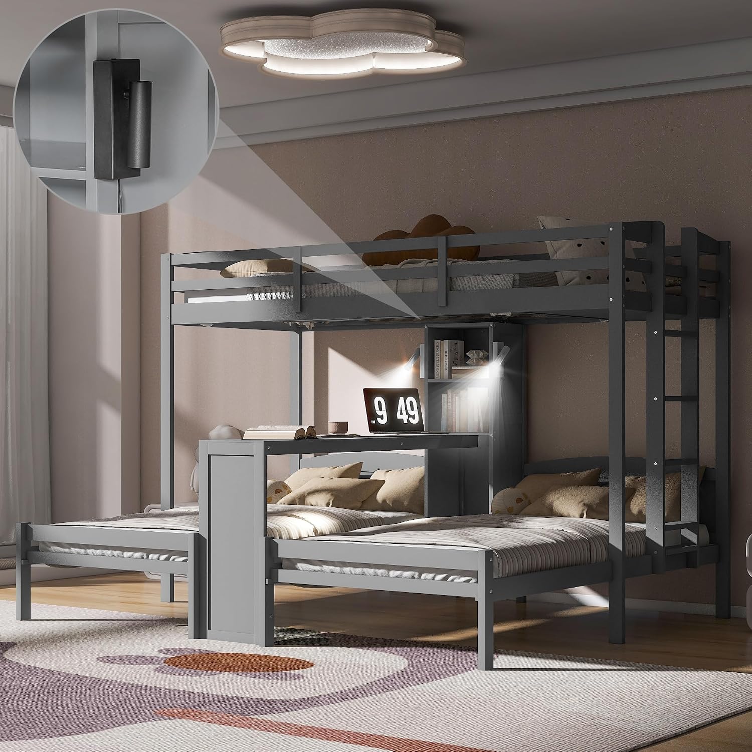 VilroCaz Twin Over Twin & Twin Bunk Bed with Built-in Desk and Storage Shelves, 3 Beds in 1 Design Solid Wood Triple Bunk Bed with Reading Lamp and Guardrails for Kids Teens Aldults (Gray-2.14)