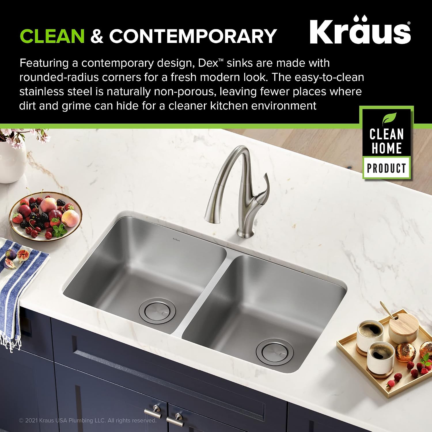 KRAUS Dex 33-inch Undermount 16 Gauge Stainless Steel Double Bowl Kitchen Sink, KA1UD33B